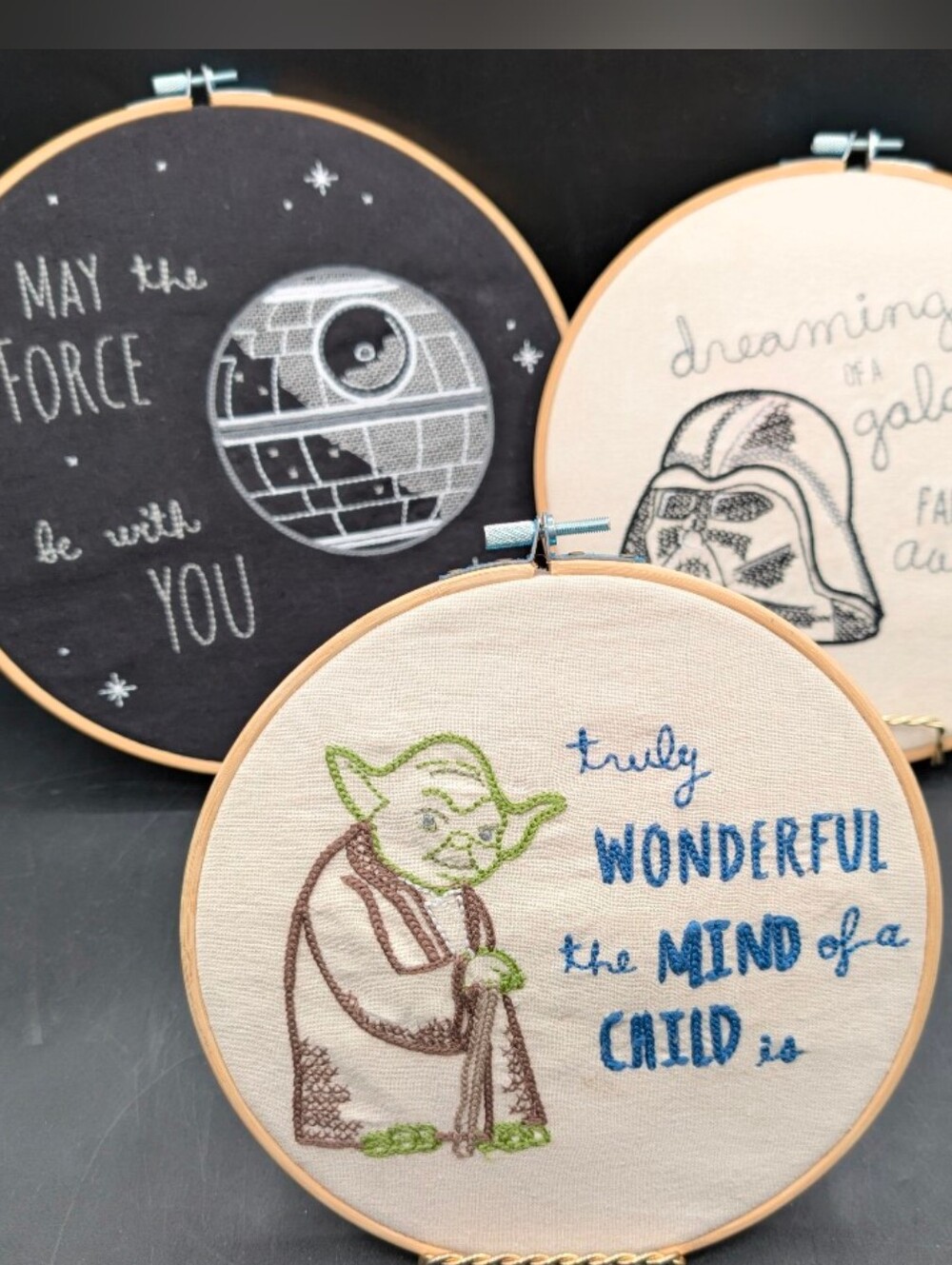 Set 3 Pottery Barn Kids Star Wars Embroidery Hoops Yoda Darth Vader Death Star